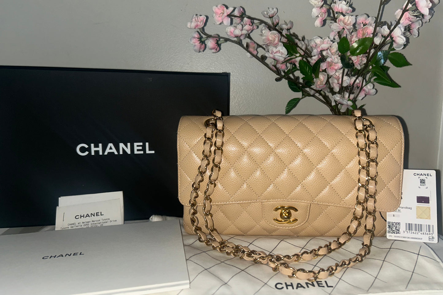 CHANEL 23S Classic Medium Double Flap Caviar Quilted Handbag Beige Clair/ Gold