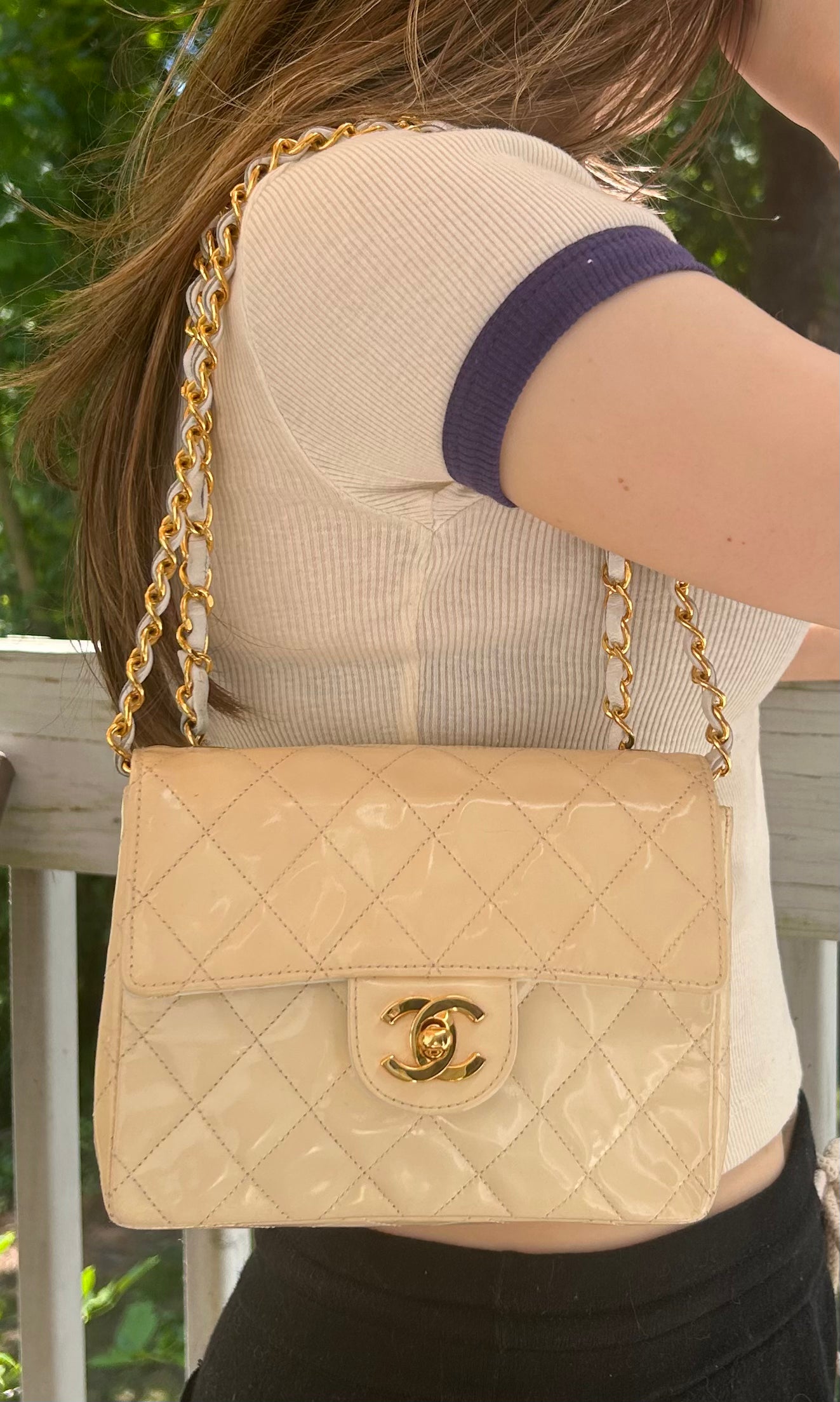 CHANEL Classic CC Half Flap Mini Quilted Patent Leather Crossbody Bag Cream