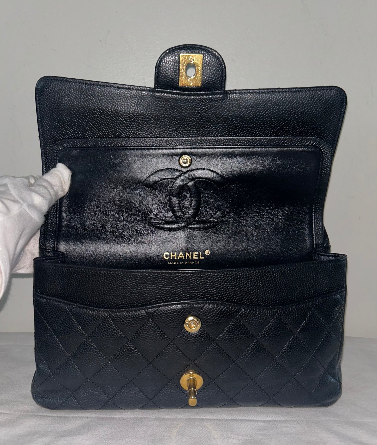 CHANEL Classic Medium Double Flap Quilted Caviar Leather Handbag Black/Gold