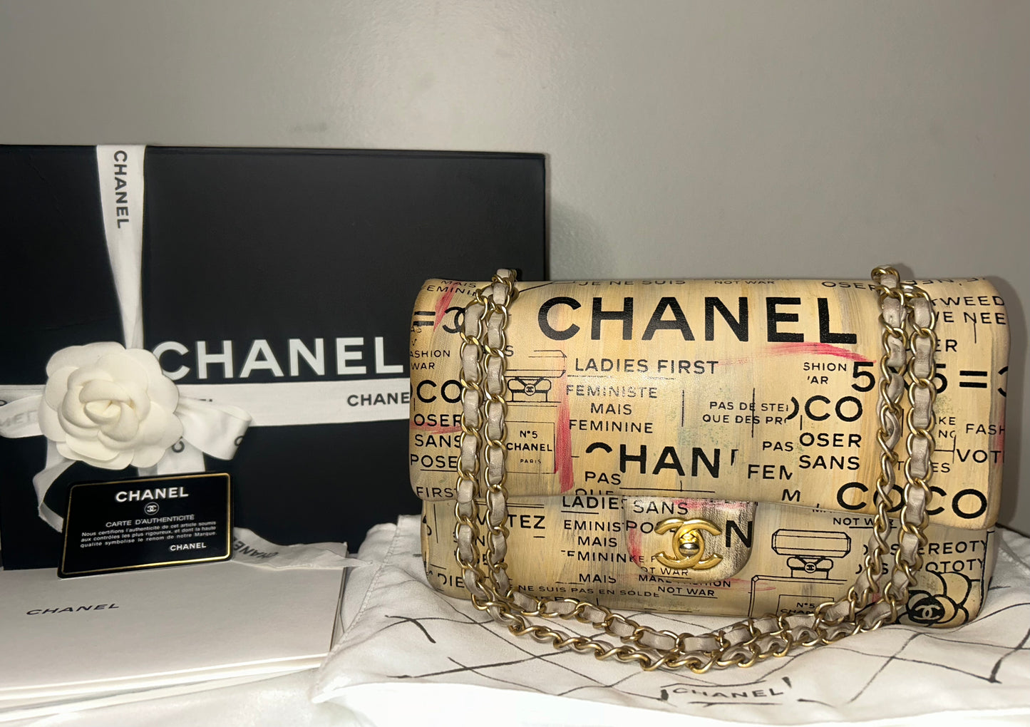 CHANEL Graffiti Newsprint Logo Medium Double Flap Lambskin Handbag Beige