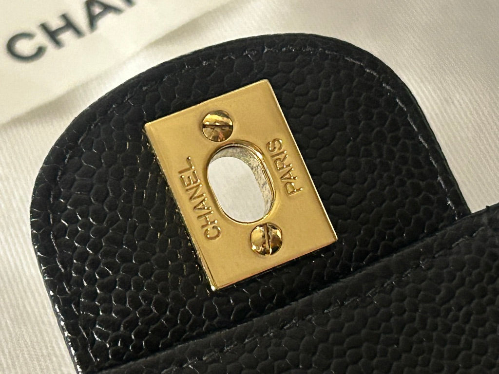 CHANEL Medium Classic Double Flap Caviar Quilted Handbag Black / 24k Gold