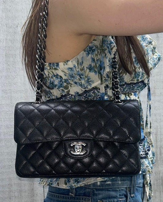 CHANEL Classic CC Small Double Flap Quilted Caviar Handbag Black