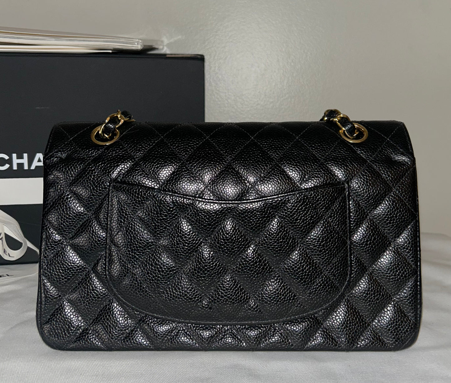 CHANEL Medium Classic Double Flap Caviar Quilted Handbag Black / 24k Gold