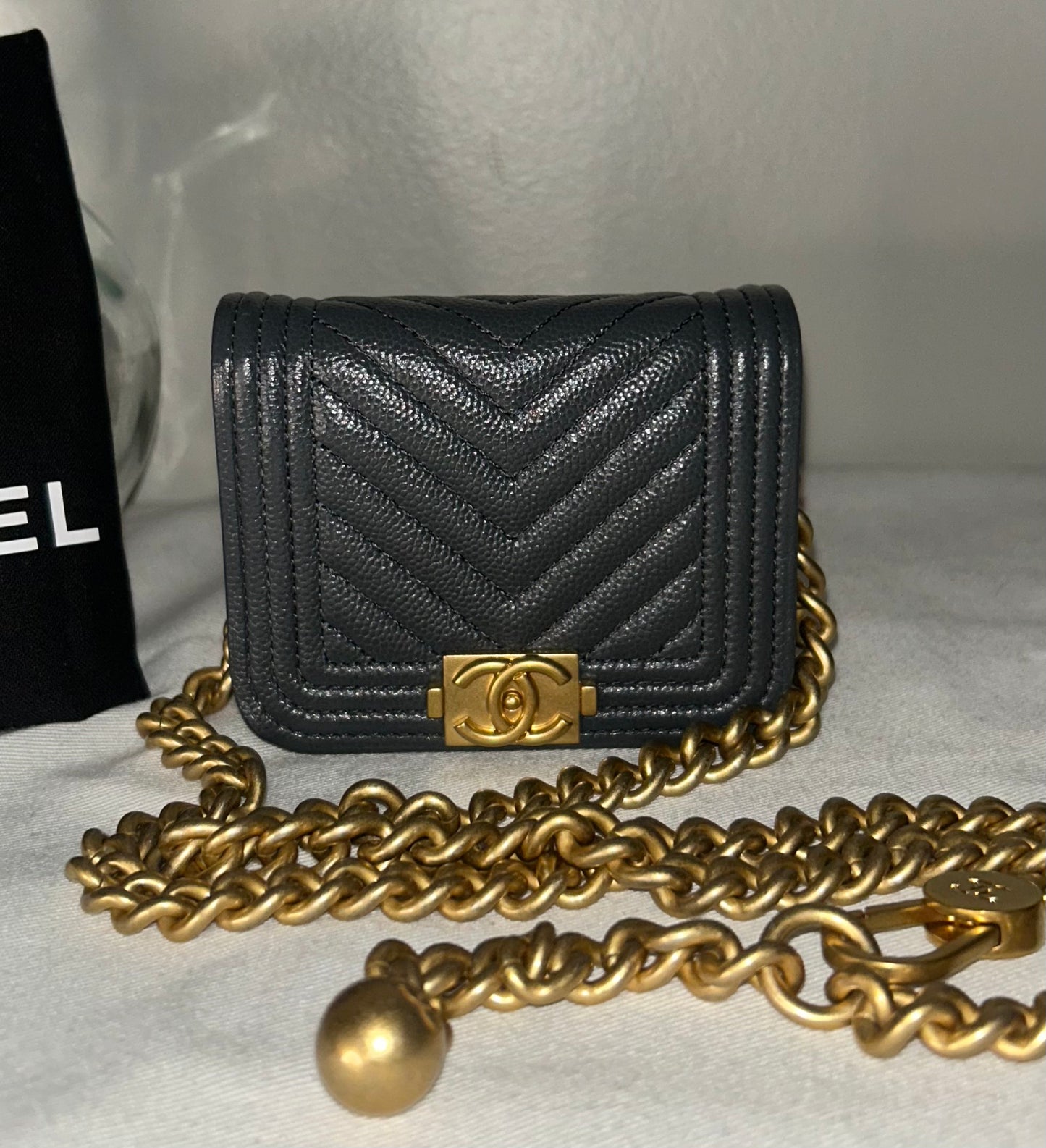 CHANEL Boy Chevron Quilted Caviar Leather Belt Bag in Dark Gray