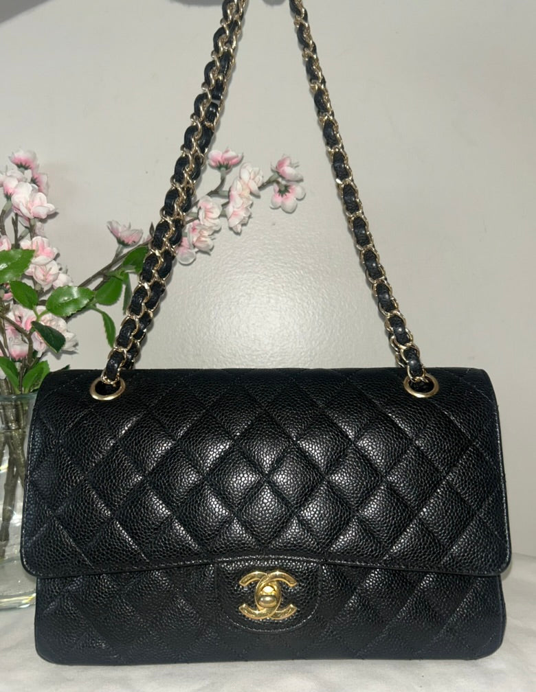 CHANEL Medium Classic Double Flap Caviar Quilted Handbag Black / Gold
