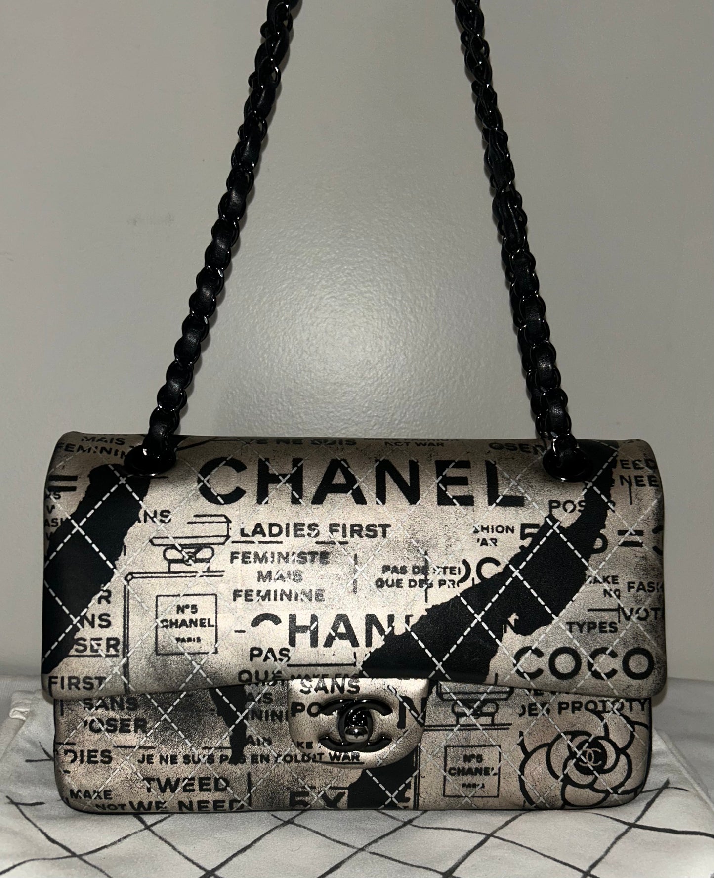 CHANEL Graffiti Newspaper Logo Medium Double Flap Lambskin Handbag Black/Silver
