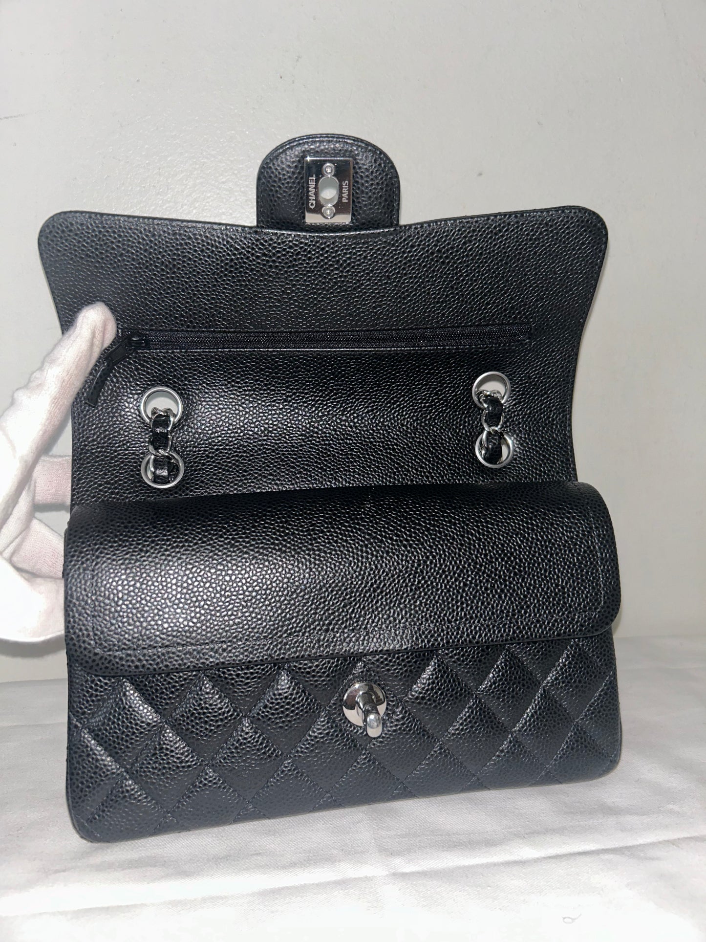 CHANEL Classic CC Small Double Flap Quilted Caviar Handbag Black