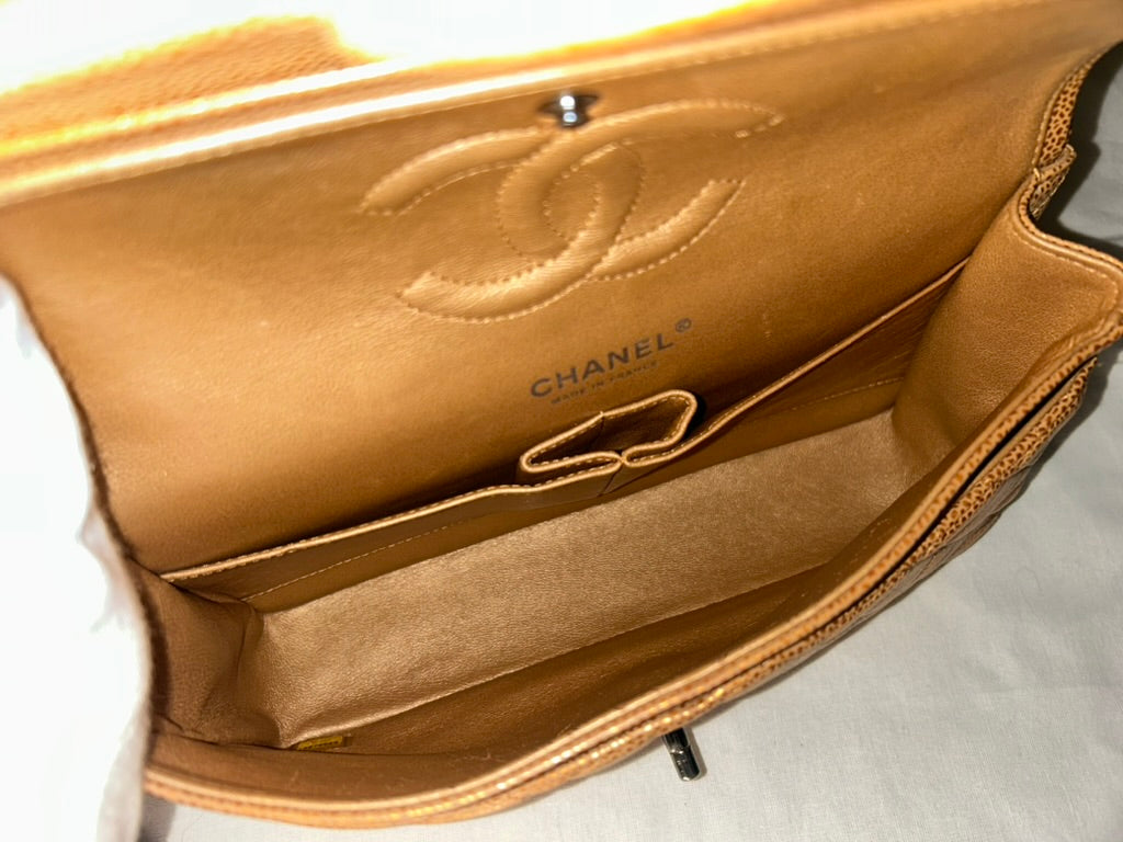 CHANEL Classic Medium Double Flap Metallic Caviar Leather Handbag Golden