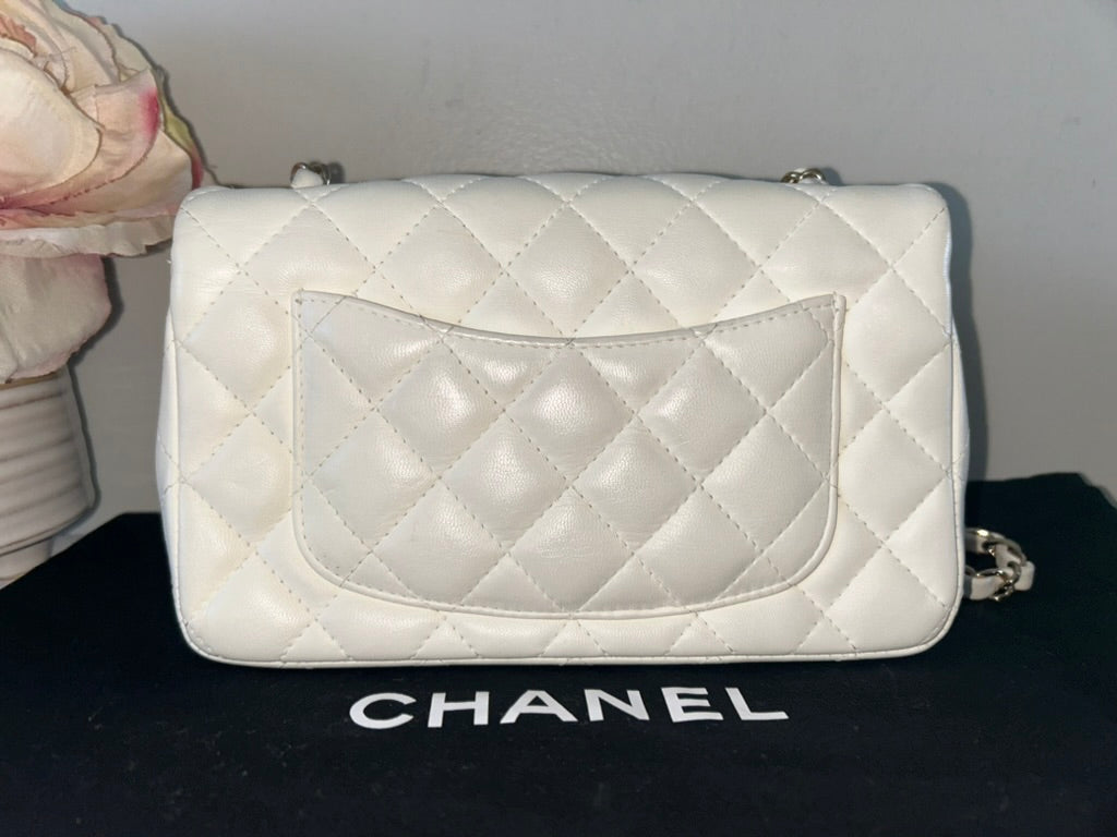 CHANEL Classic Mini Rectangular Flap Bag Quilted Lambskin Leather White/Gold