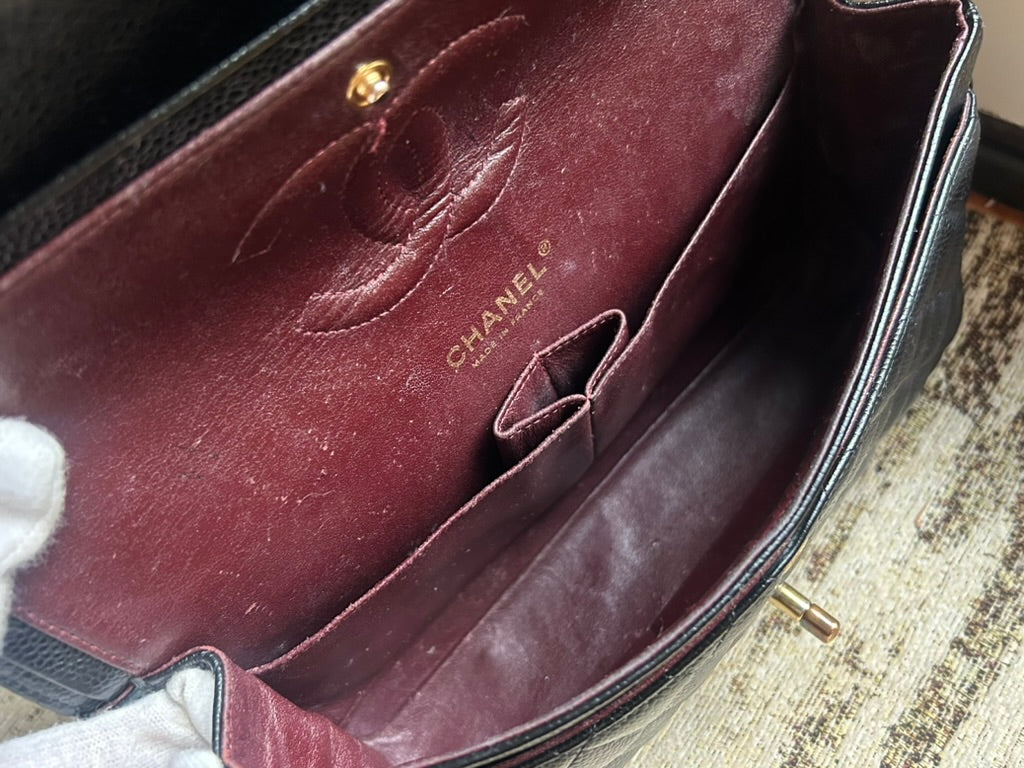 CHANEL Medium Classic Double Flap Caviar Quilted Handbag Black / Gold