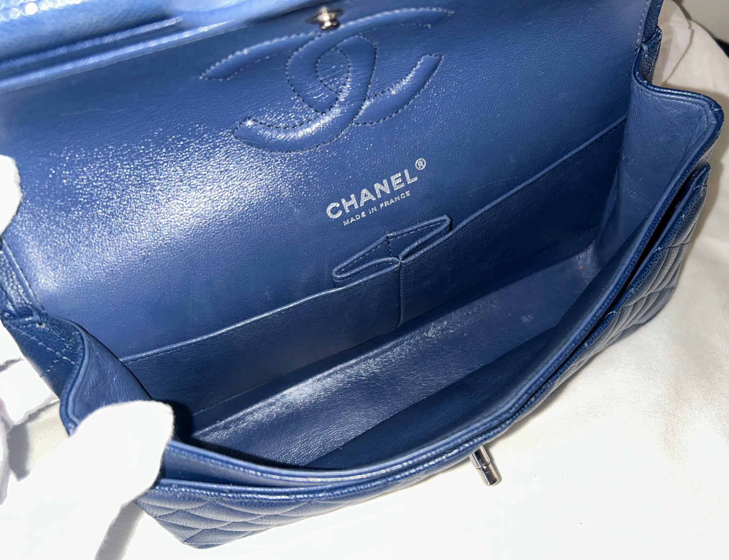 CHANEL Medium Classic Double Flap Caviar Quilted Handbag Dark Navy