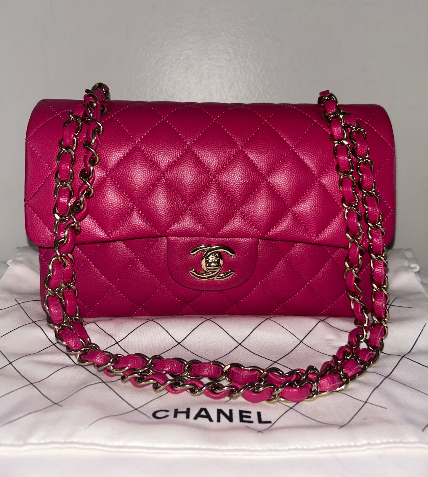 CHANEL 21A Classic CC Small Double Flap Quilted Caviar Handbag Pink/Light Gold