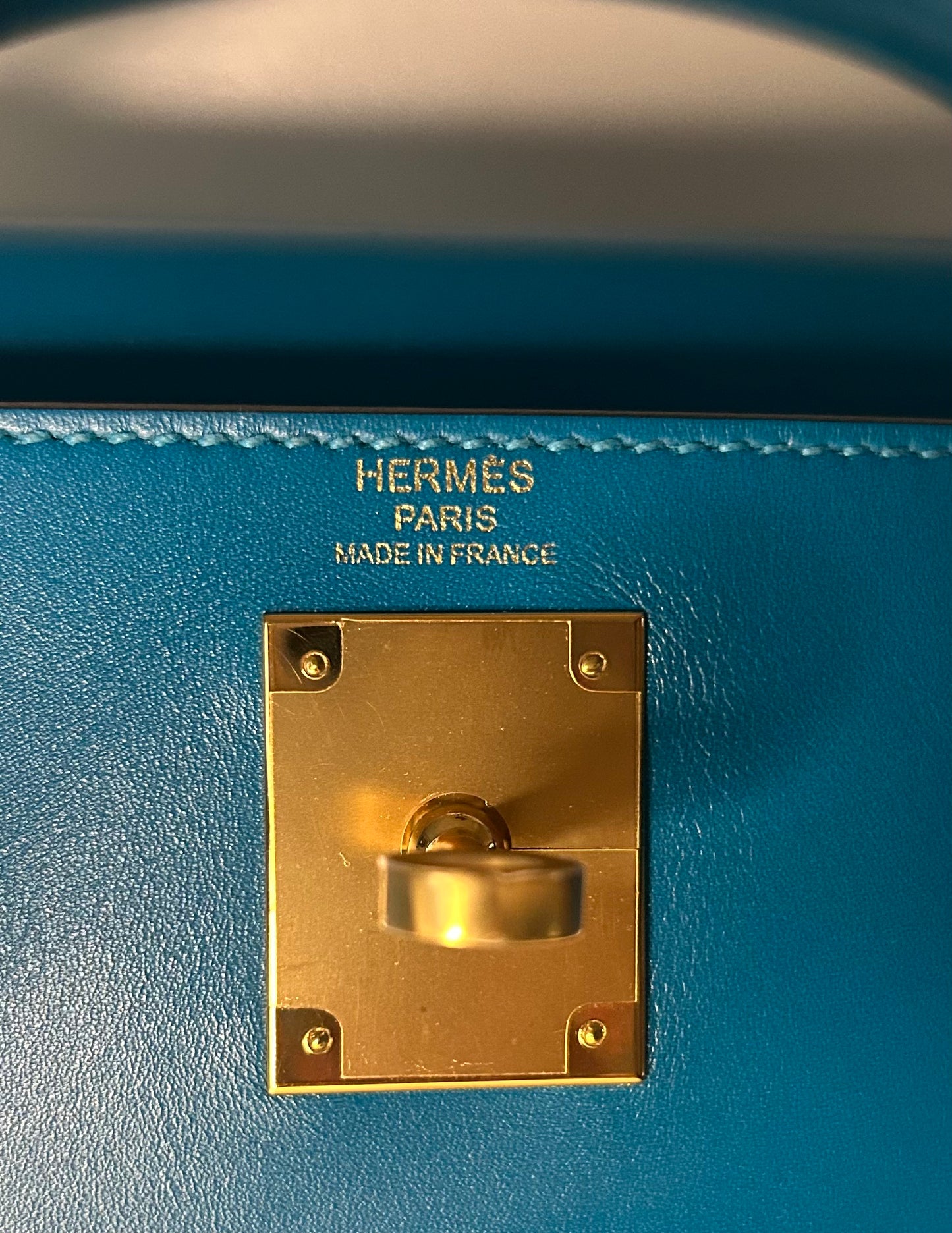 HERMES Kelly 28 Bleu Izmir Box Calf Leather Gold Hardware