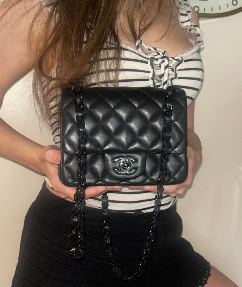 CHANEL "So Black" Mini Square Classic Flap Bag Quilted Lambskin Black