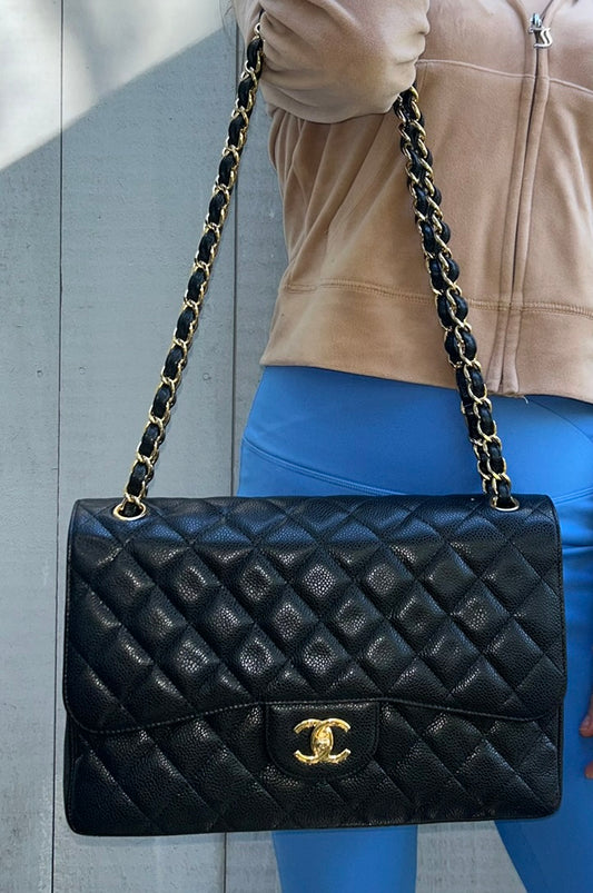 CHANEL Classic Jumbo Double Flap Quilted Caviar Leather Handbag Black/Gold
