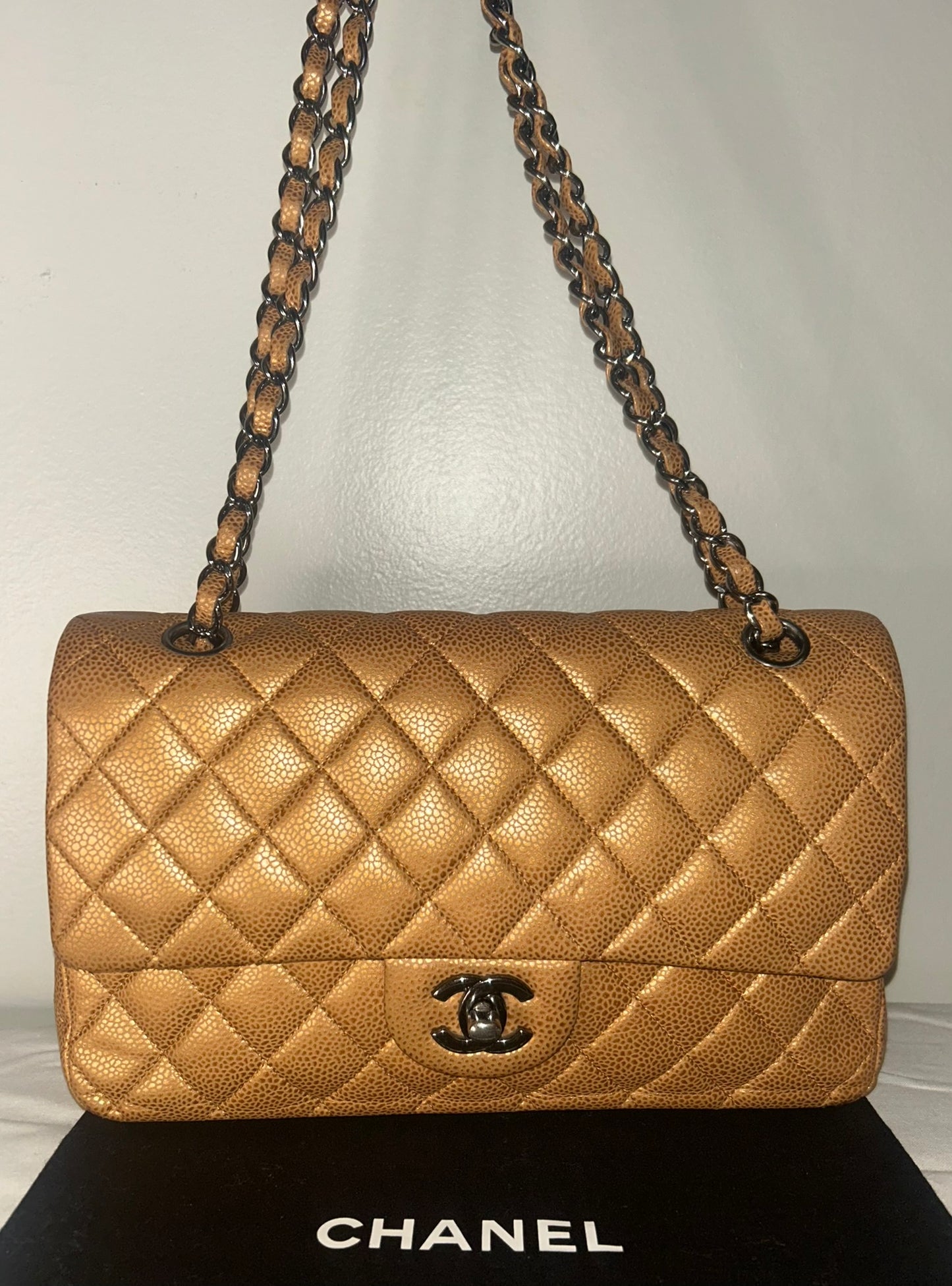 CHANEL Classic Medium Double Flap Metallic Caviar Leather Handbag Golden