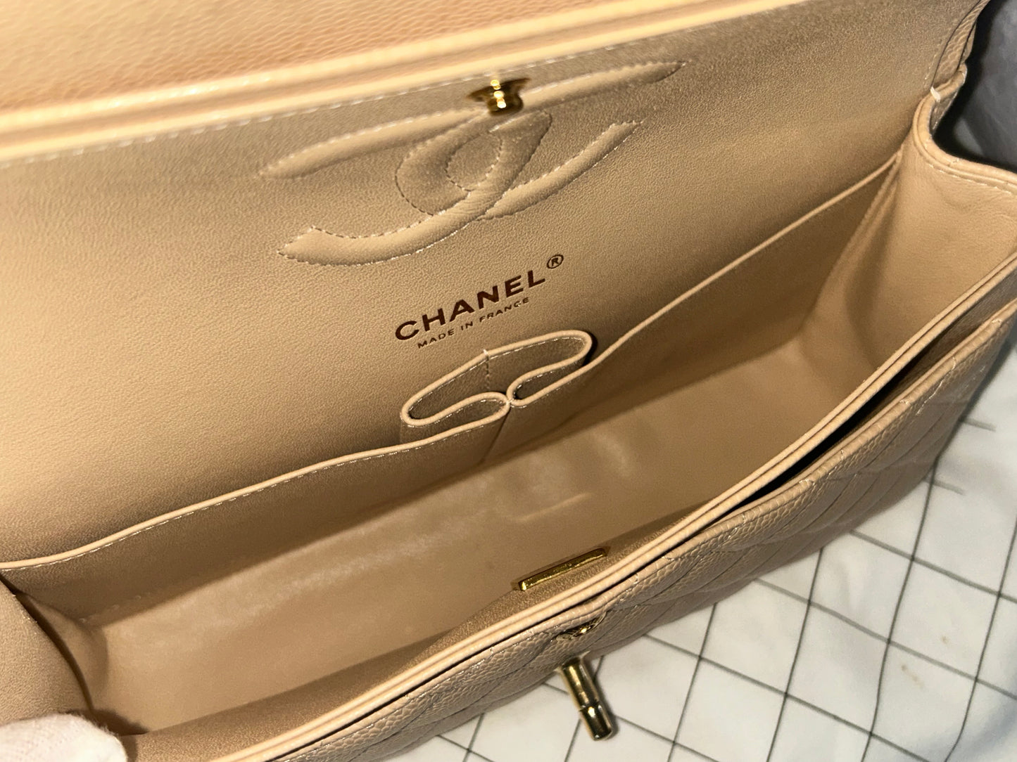 CHANEL 23S Classic Medium Double Flap Caviar Quilted Handbag Beige Clair/ Gold