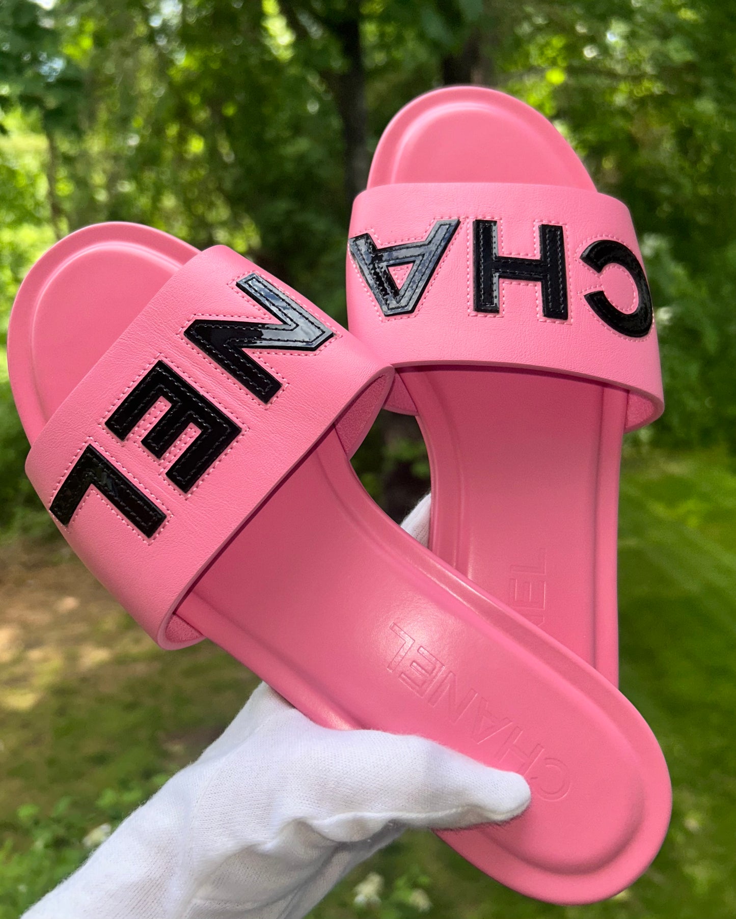 CHANEL 23S ‘CHA NEL’ Logo Leather Mules Sandal Pink Size 39