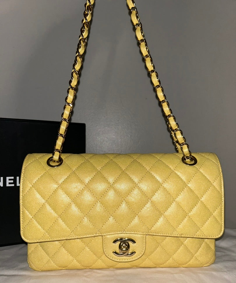 CHANEL Classic Iridescent Caviar Quilted Medium Double Flap Handbag Yellow