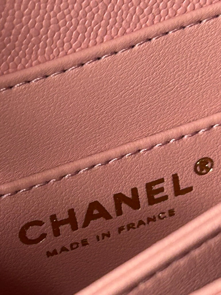 NEW! CHANEL 24K Mini Top Handle Flap Bag Quilted Caviar Light Pink / Gold HW