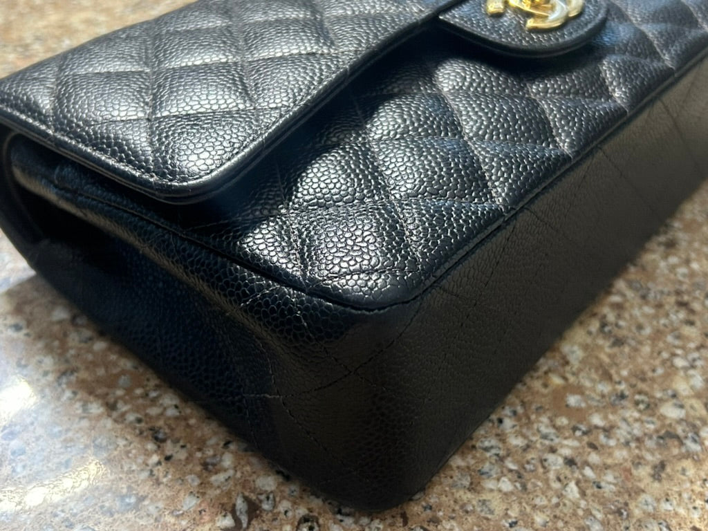 CHANEL Medium Classic Double Flap Caviar Quilted Handbag Black / 24k Gold