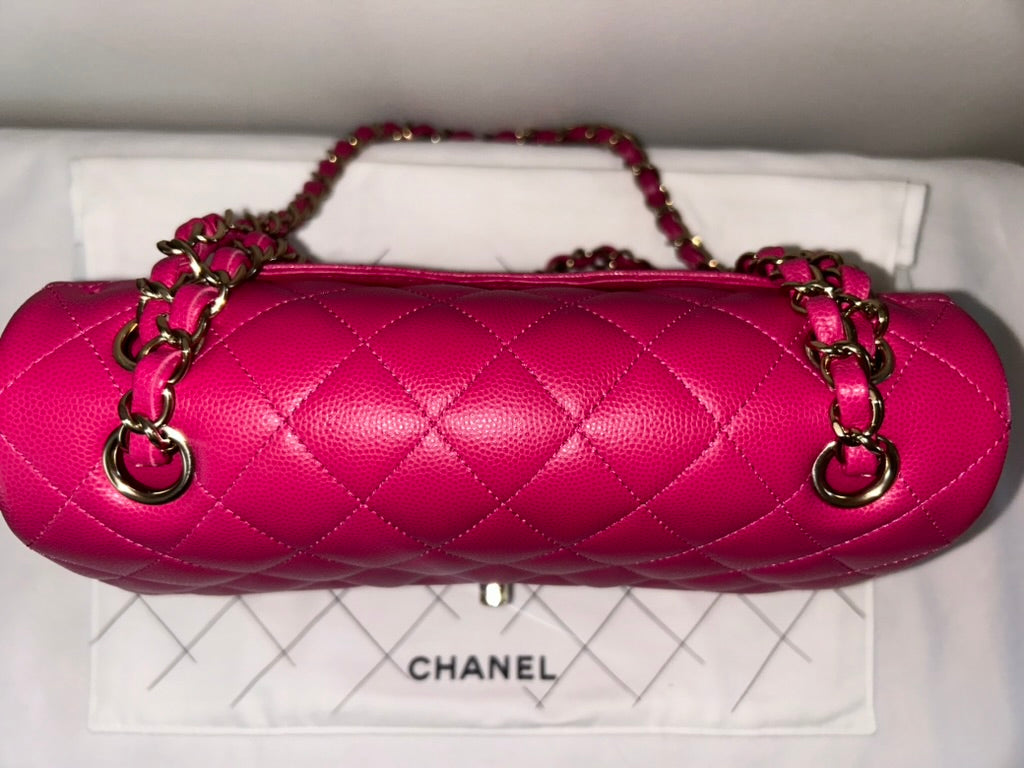 CHANEL 21A Classic CC Small Double Flap Quilted Caviar Handbag Pink/Light Gold