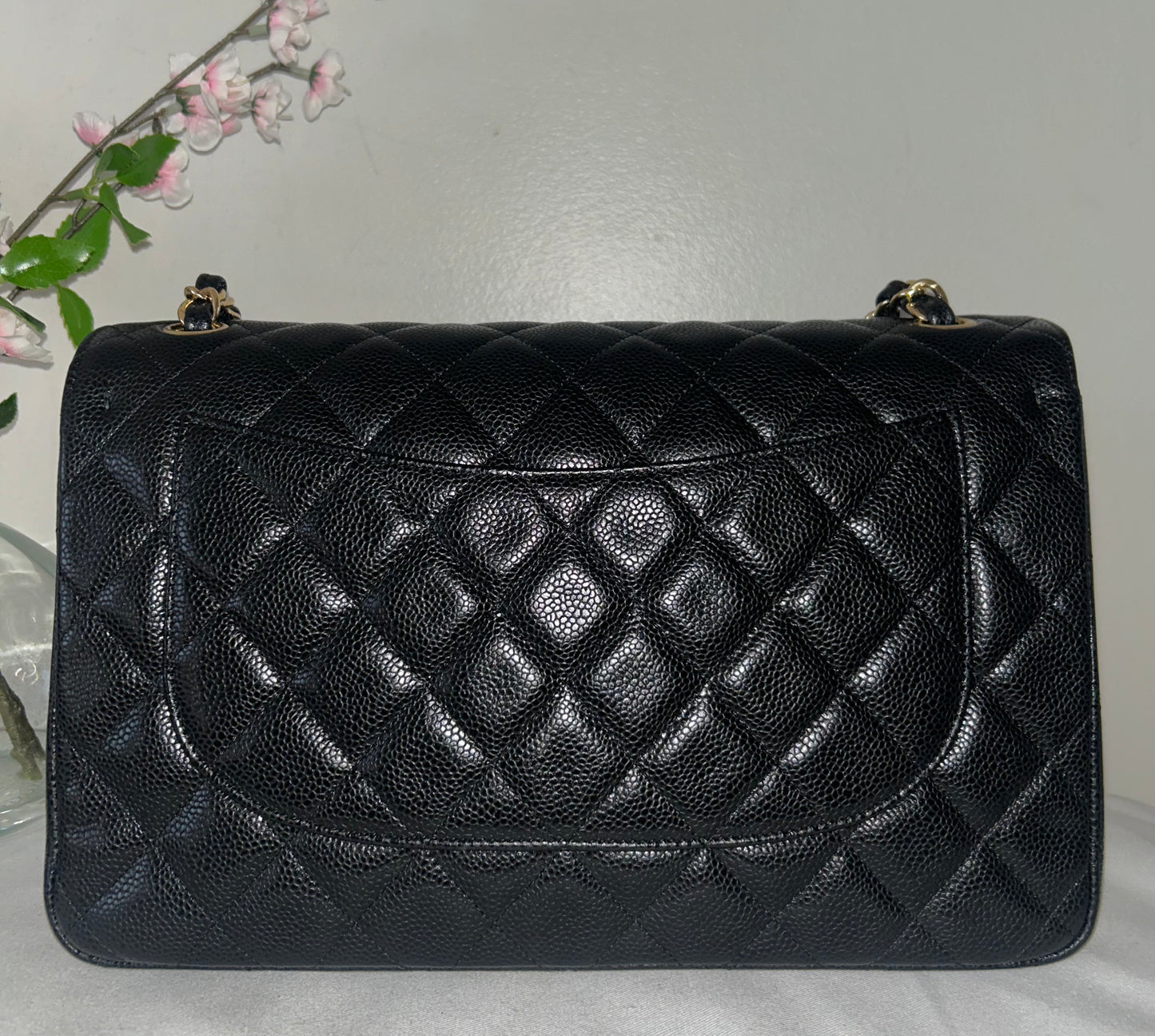 CHANEL Classic Jumbo Double Flap Quilted Caviar Leather Handbag Black/Gold