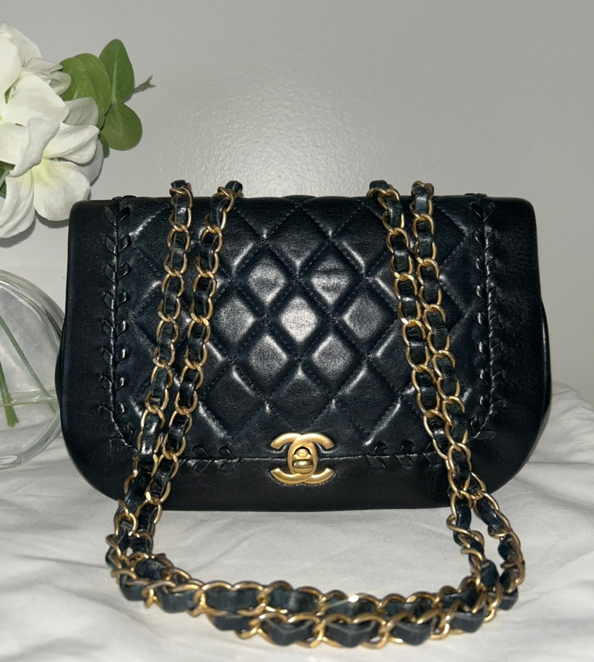 CHANEL CC Braided Saddle Flap Bag Quilted Lambskin Black/Dark Navy