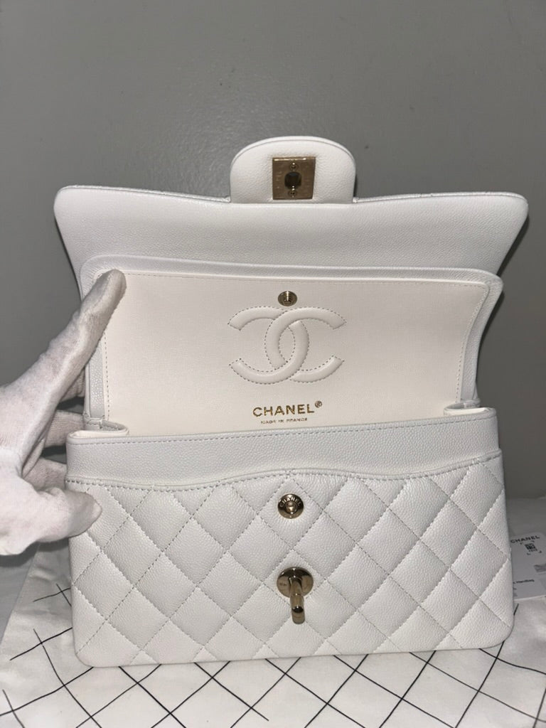 CHANEL 23K Small Classic Double Flap Caviar Handbag White