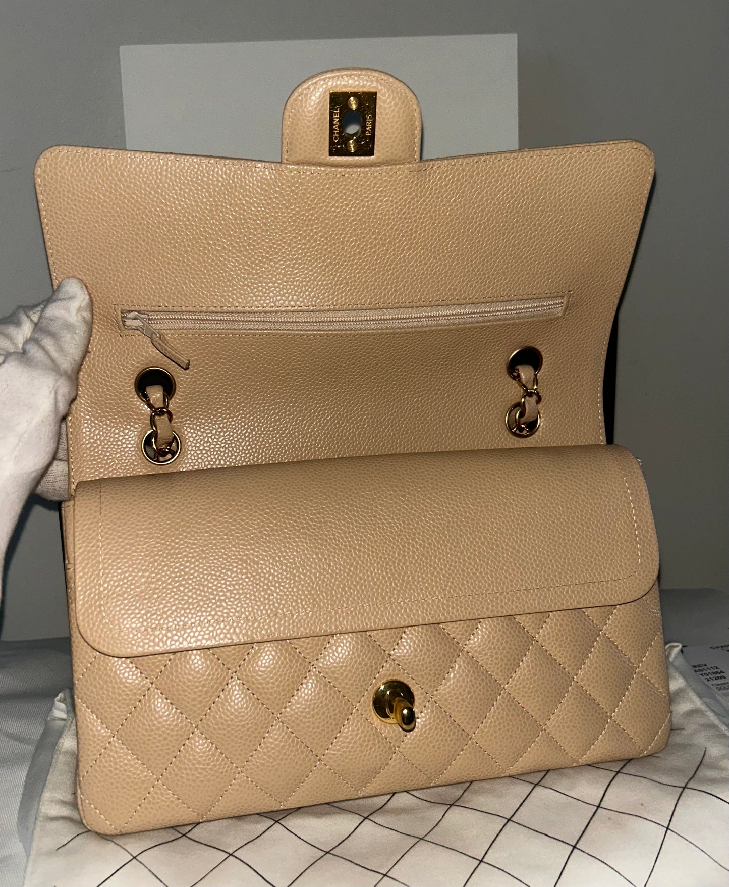 CHANEL 23S Classic Medium Double Flap Caviar Quilted Handbag Beige Clair/ Gold