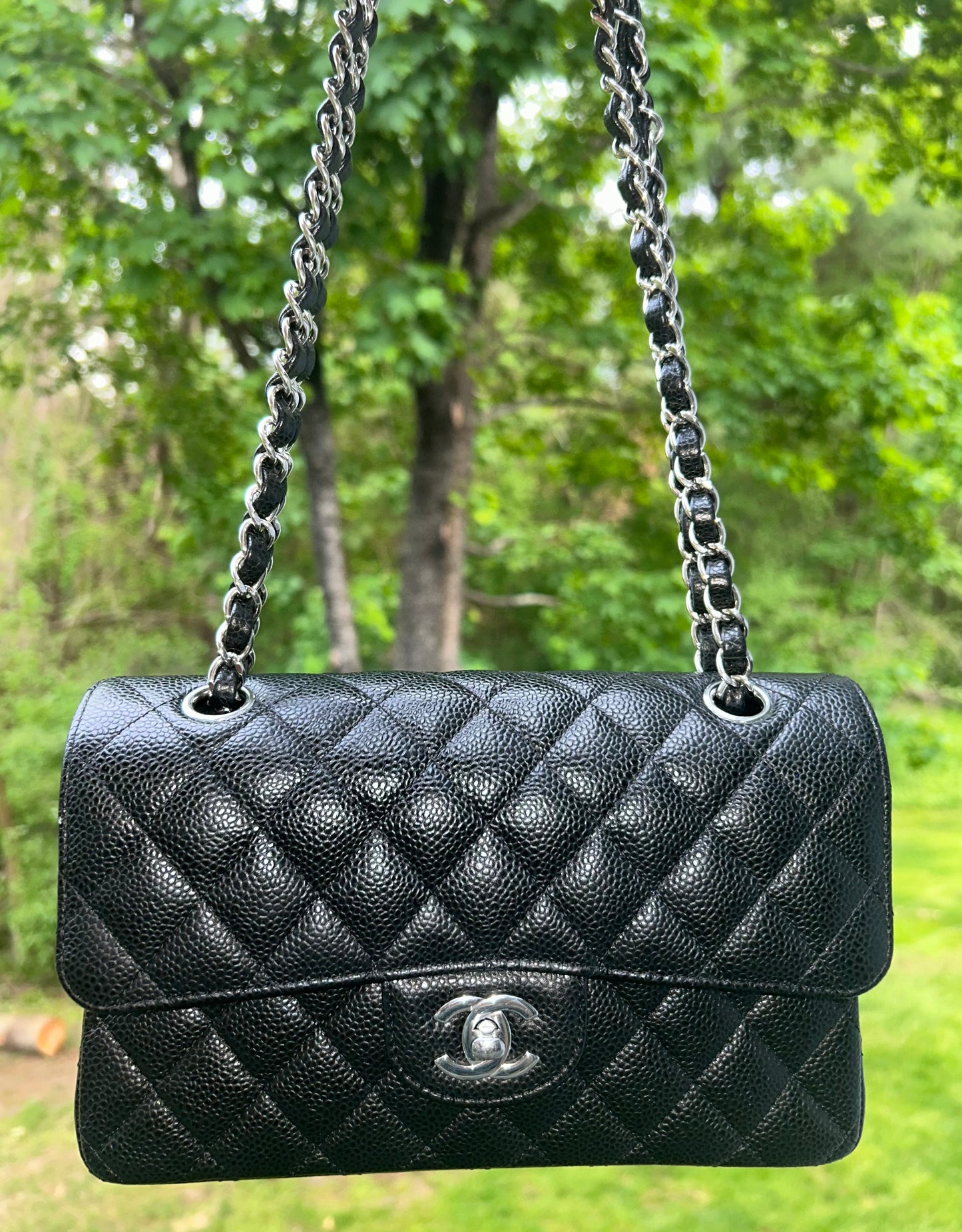 CHANEL Classic CC Small Double Flap Quilted Caviar Handbag Black