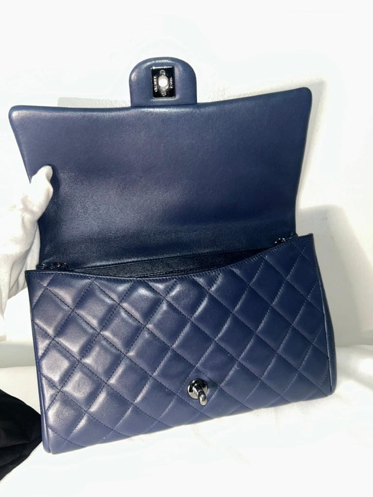 CHANEL Classic Quilted Lambskin Leather Single Flap Shoulder Bag Navy Blue