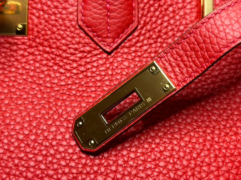 HERMES Birkin 35 Rouge Casaque Clemence Gold Hardware Handbag