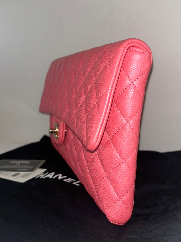 CHANEL Classic Flap Clutch Quilted Caviar Pink / Gold Hardware