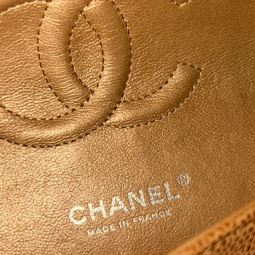 CHANEL Classic Medium Double Flap Metallic Caviar Leather Handbag Golden