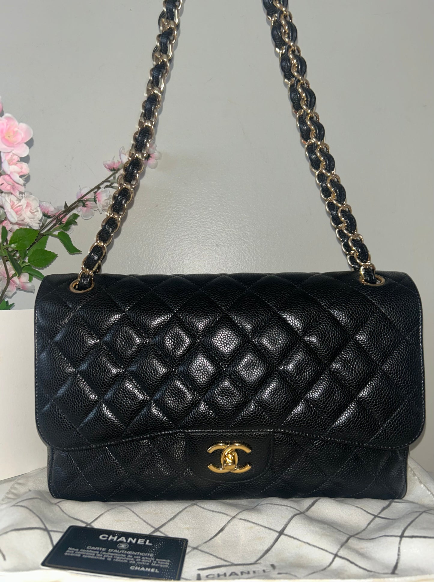 CHANEL Classic Jumbo Double Flap Quilted Caviar Leather Handbag Black/Gold