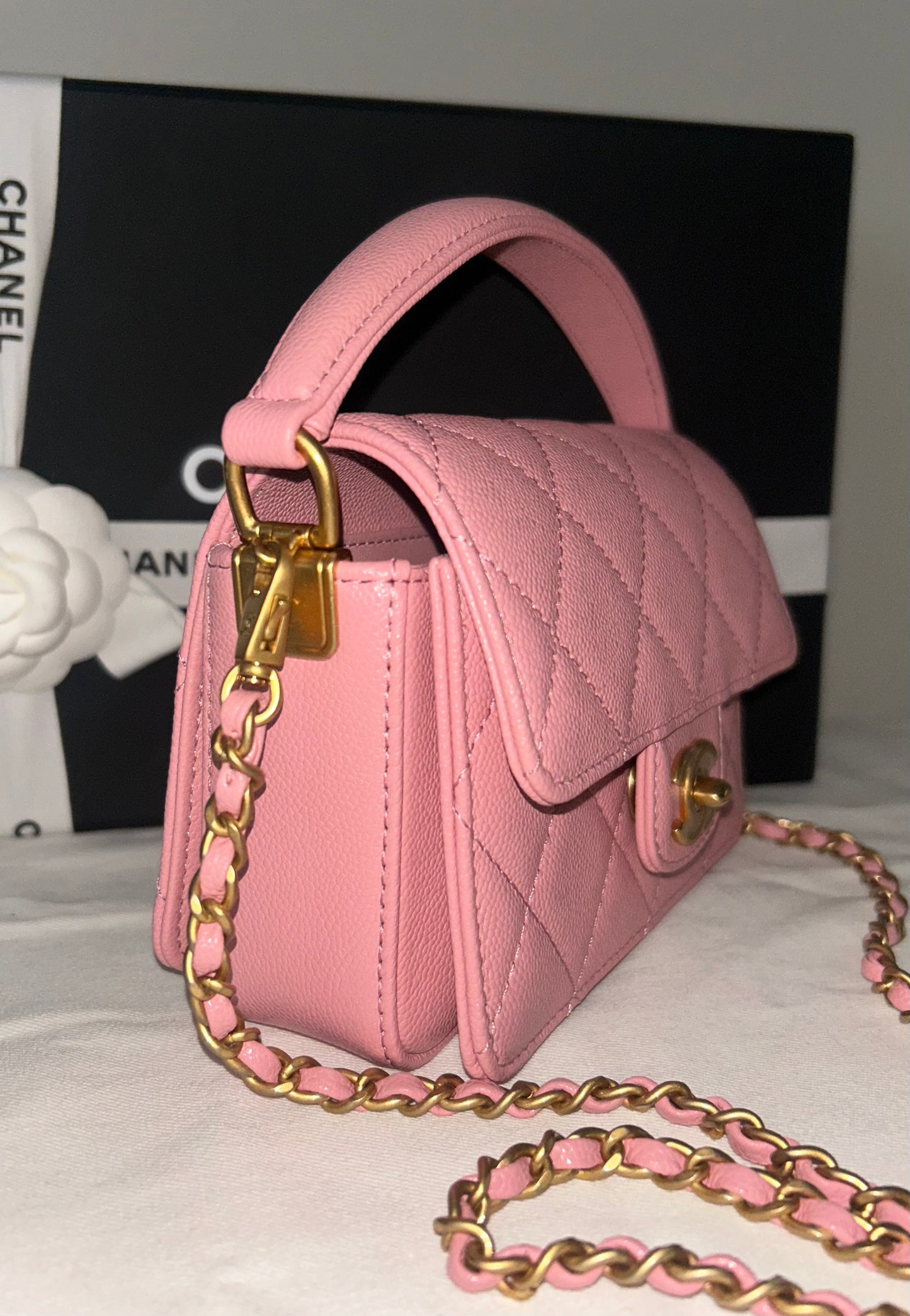 NEW! CHANEL 24K Mini Top Handle Flap Bag Quilted Caviar Light Pink / Gold HW