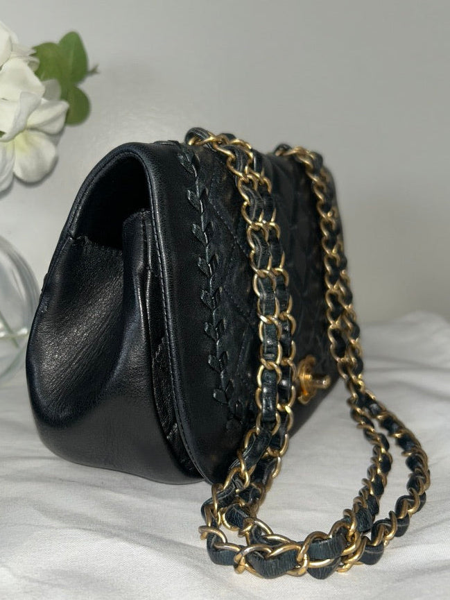 CHANEL CC Braided Saddle Flap Bag Quilted Lambskin Black/Dark Navy
