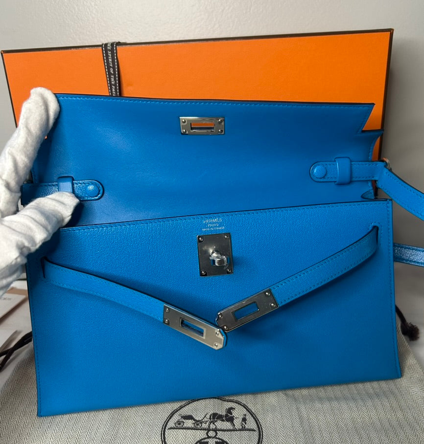 HERMÈS Kelly Elan Bleu Zanzibar Chevre Chamkila Leather Shoulder Bag