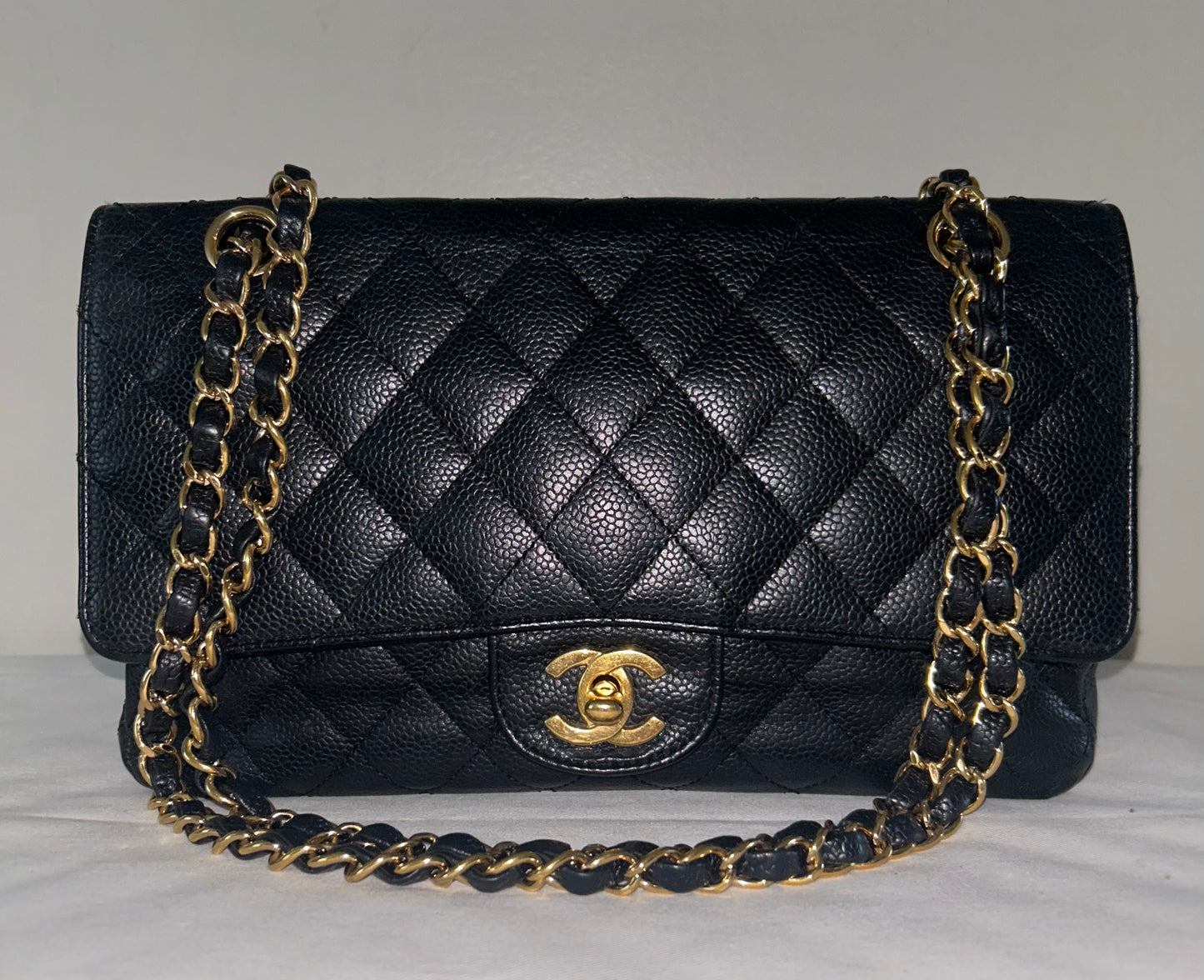 CHANEL Classic Medium Double Flap Quilted Caviar Leather Handbag Black/Gold