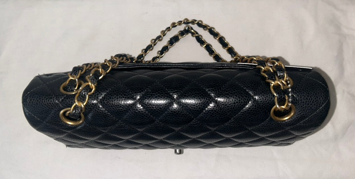 CHANEL Classic Medium Double Flap Quilted Caviar Handbag Black/Gold