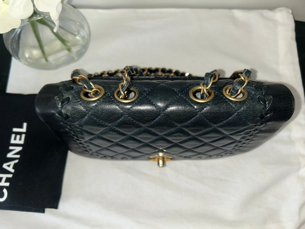 CHANEL CC Braided Saddle Flap Bag Quilted Lambskin Black/Dark Navy