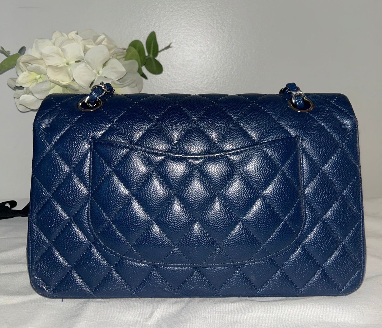 CHANEL Medium Classic Double Flap Caviar Quilted Handbag Dark Navy