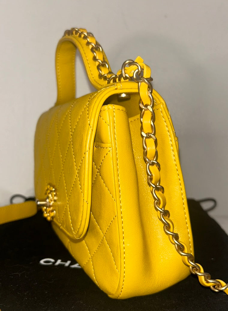 CHANEL 19 Small Chain Infinity Top Handle Bag Quilted Lambskin Leather Yellow