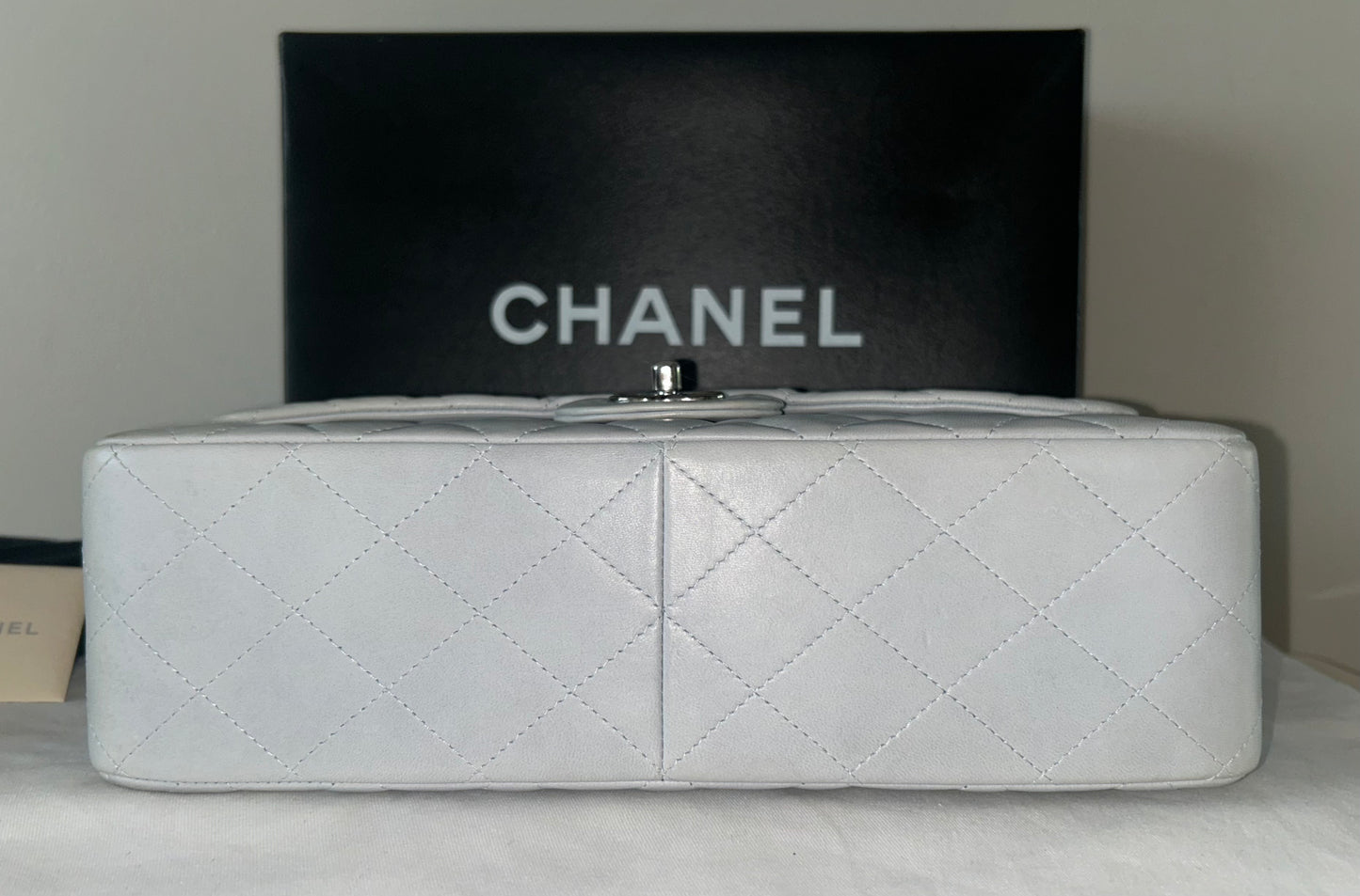 CHANEL Classic Jumbo Single Flap Quilted Lambskin Leather Bag Light Blue Gray