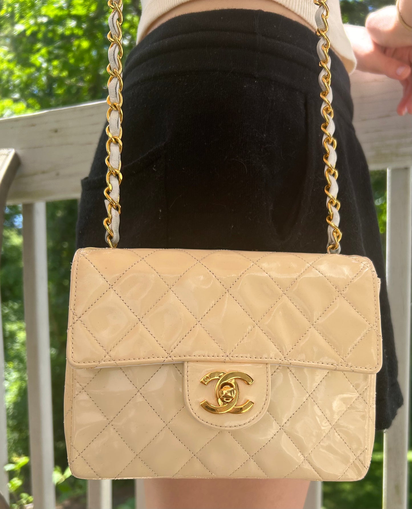 CHANEL Classic CC Half Flap Mini Quilted Patent Leather Crossbody Bag Cream