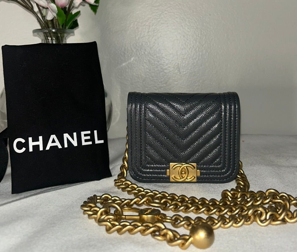 CHANEL Boy Chevron Quilted Caviar Leather Belt Bag in Dark Gray