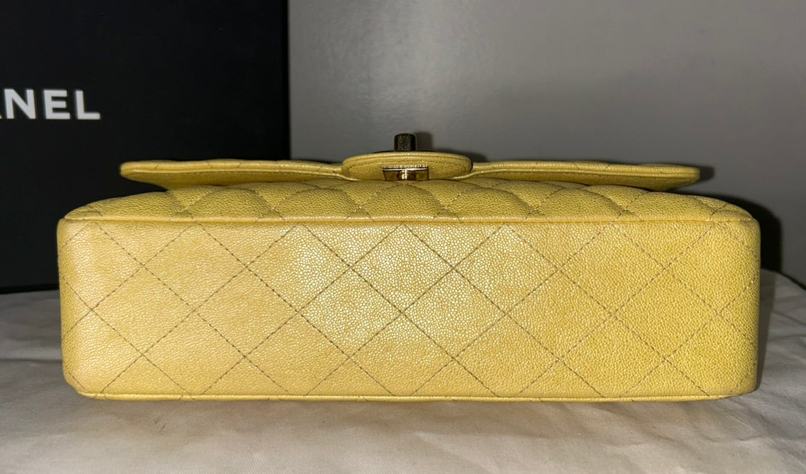 CHANEL Classic Iridescent Caviar Quilted Medium Double Flap Handbag Yellow