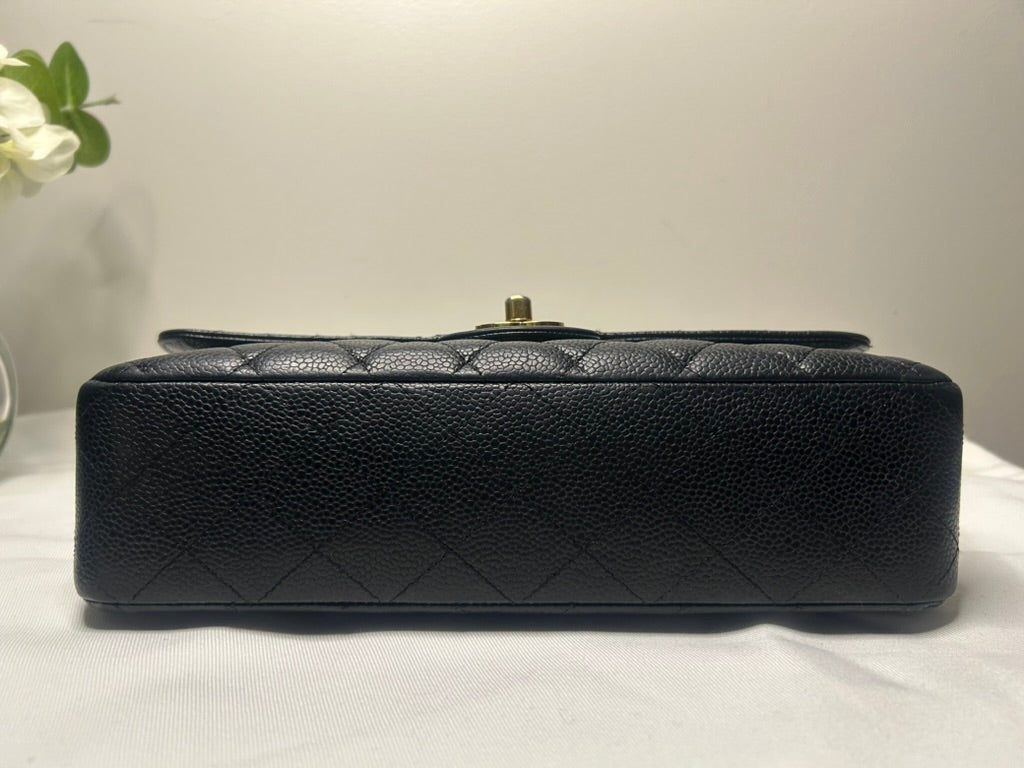 CHANEL Medium Classic Double Flap Caviar Quilted Handbag Black / Gold