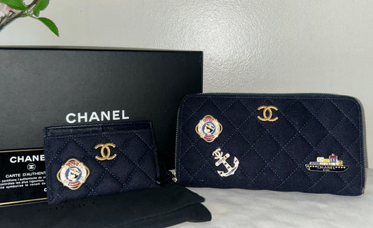 CHANEL 18A Nautical Charming Long Zip Wallet & Card Holder Set in Navy *RARE*